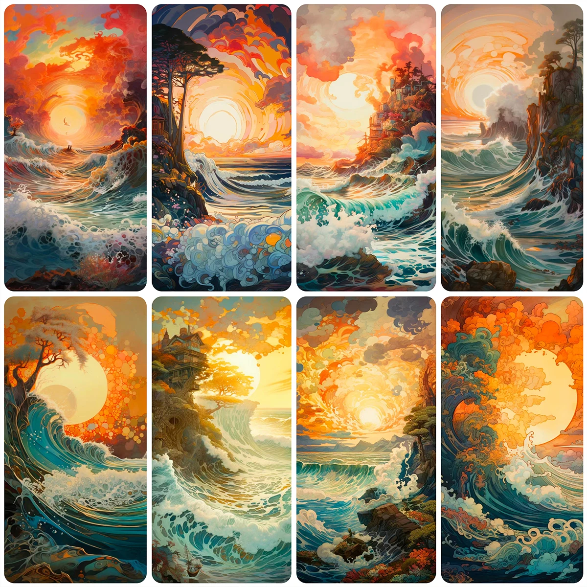 Japanese Abstract Watercolor Sea Waves Blazing Sun Diamond Painting Diy Cross Stitch Kit Embroidery 5D Diamond Mosaic Home Decor