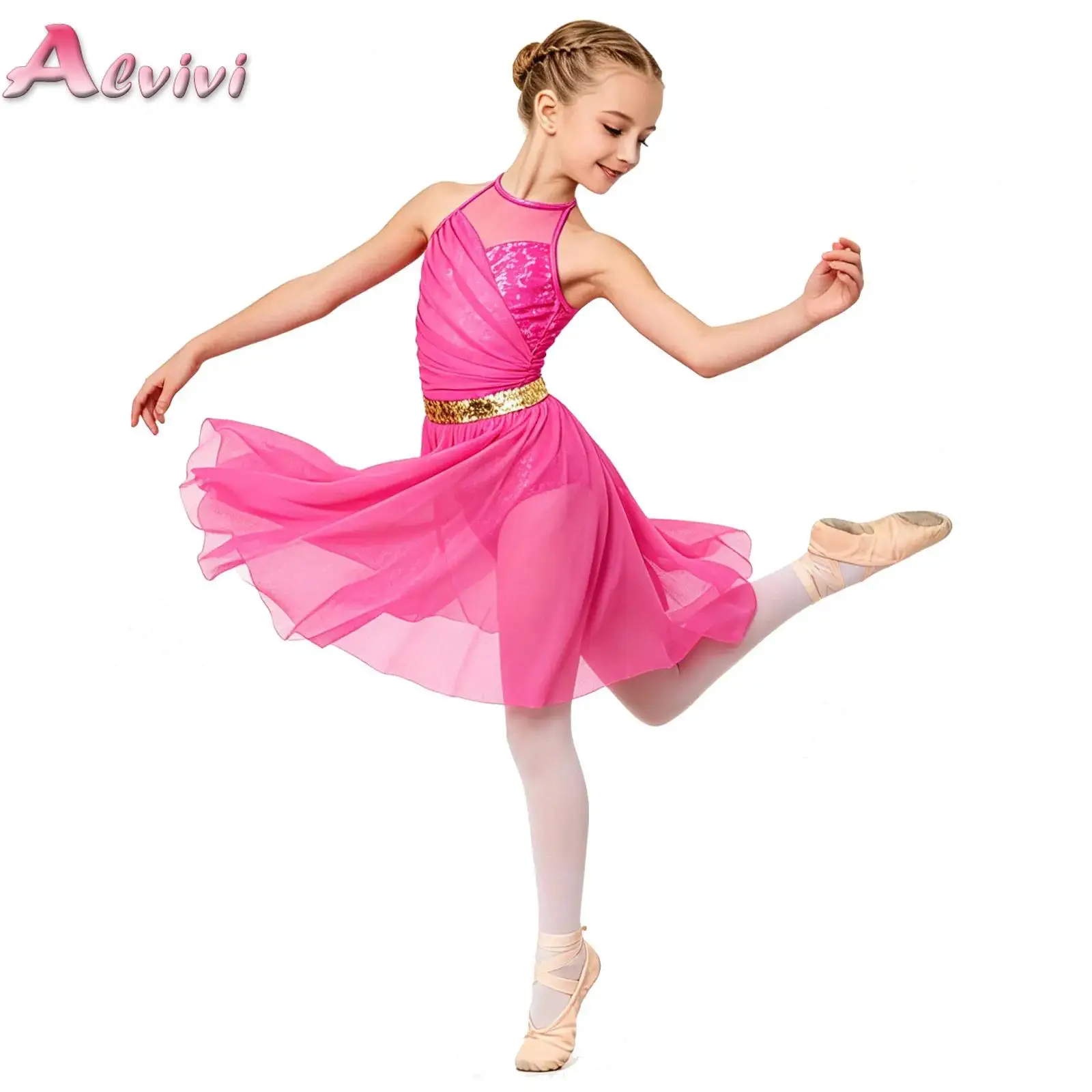 

Kids Girls Lyrical Dance Bodysuit Dress Strappy Back Metallic Shiny Leotard Sequins Waist Irregular Dress for Stage Competitions