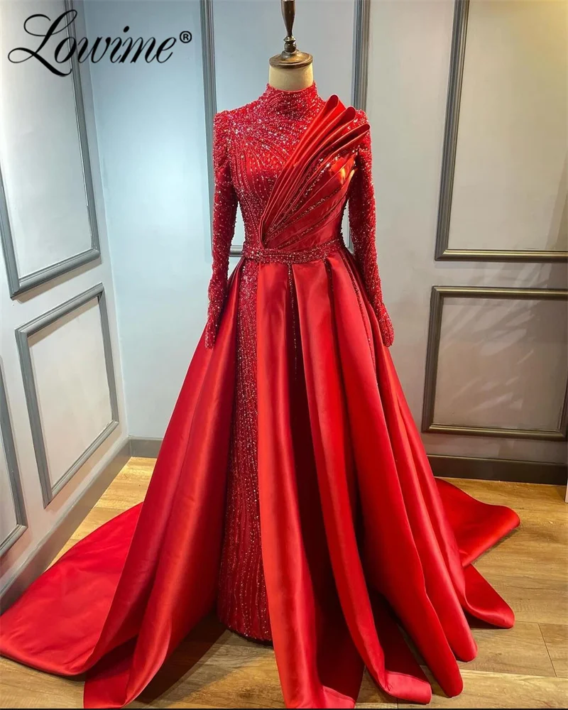 

2024 Red Elegant Long Sleeves Evening Dresses Muslim Arabic Wedding Party Dress 2 IN 1 Aso Ebi Prom Engagement Gowns Custom Made