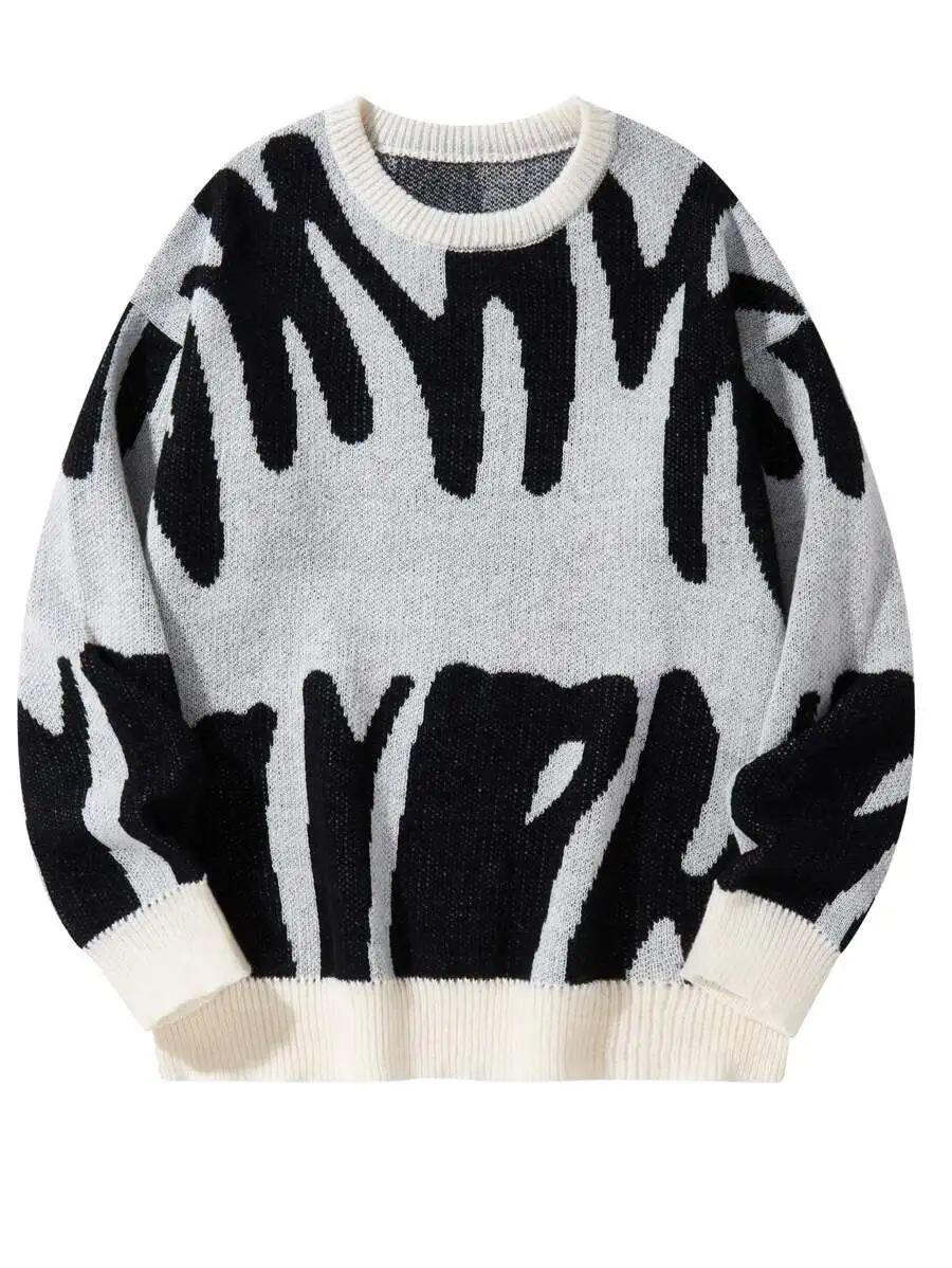 

Men's Oversized Graphic Knit Sweater - Black & Gray Abstract Pattern, Fall Winter Casual Wear