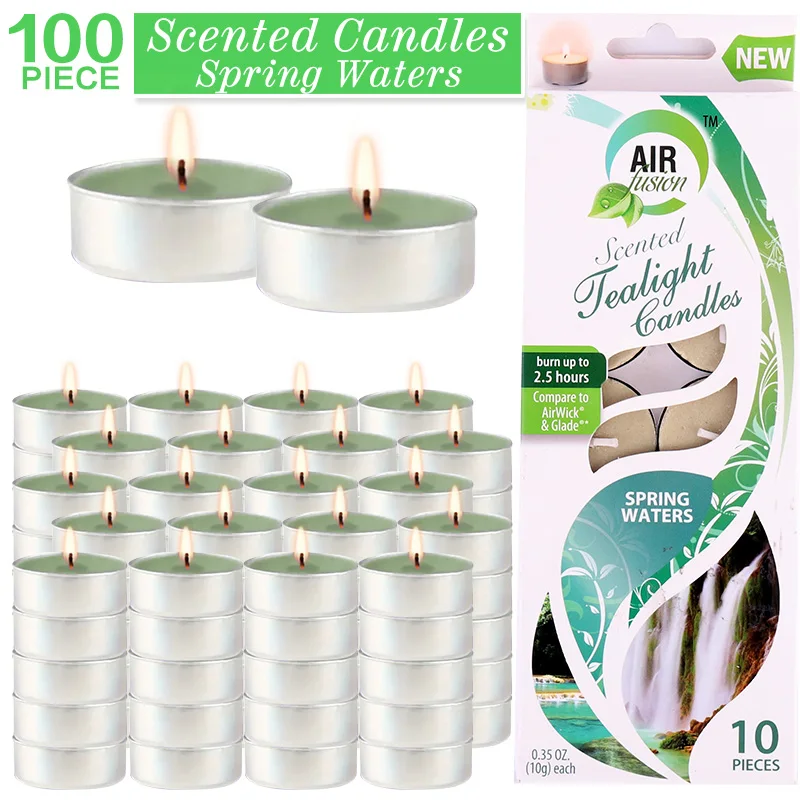 

Air Fusion 100 Count Tea Lights Candles Green Spring Water Scented 2.5 Hours Smoke-free Drip-free And Long-lasting Aromatherapy