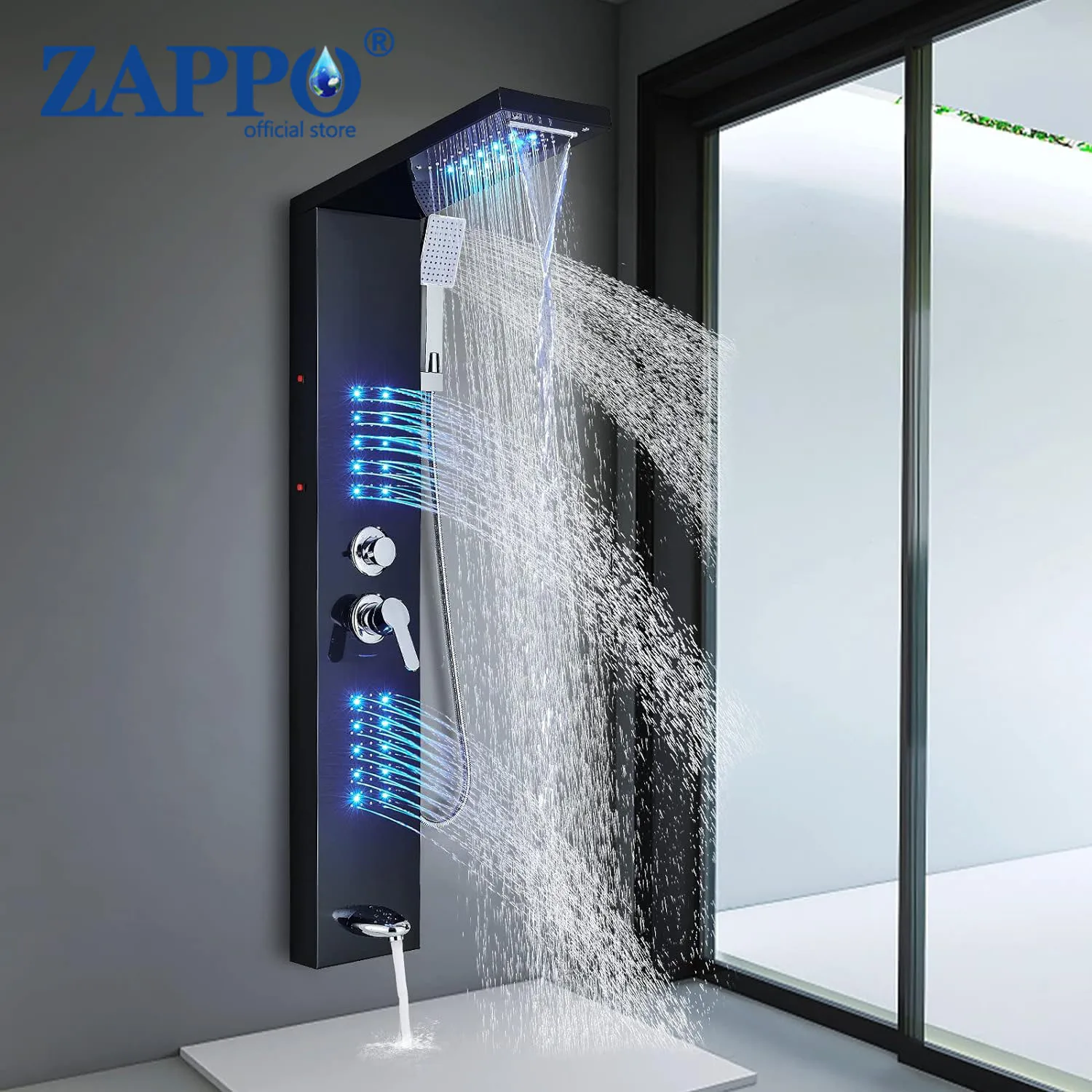 

ZAPPO Shower Panel Tower System with LED Rainfall Waterfall Head LED Full Body Jets System Handheld Shower Column w/Tub Spout