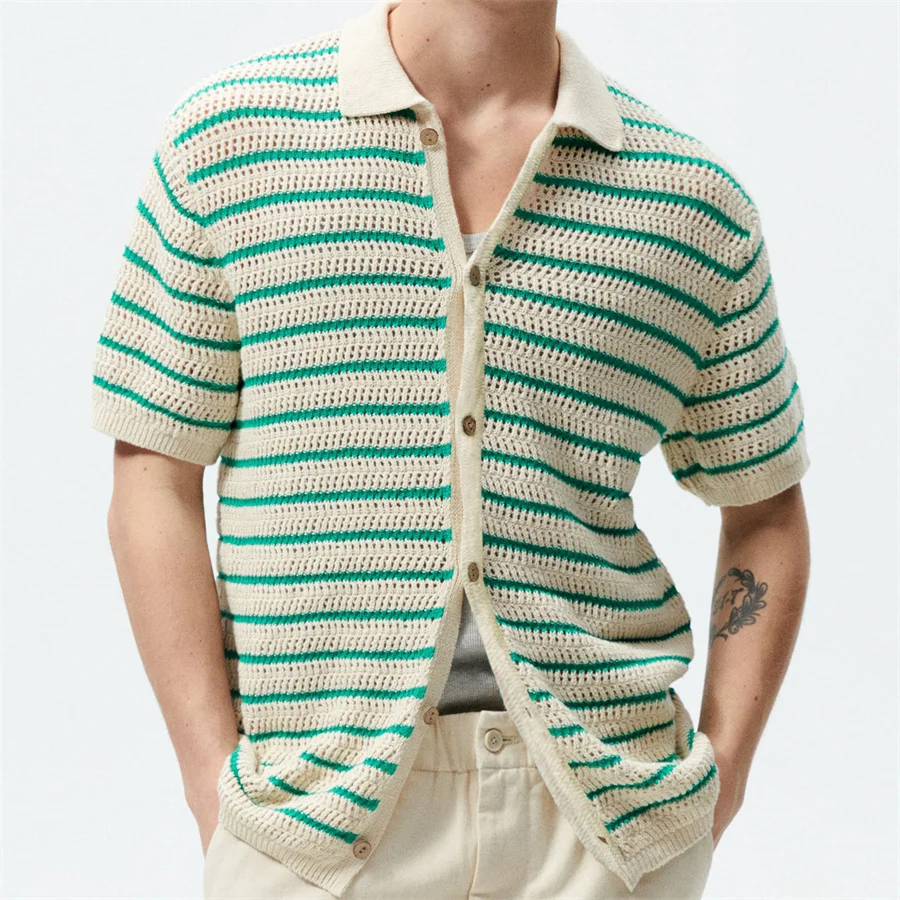 

2024 Summer Men's Short Sleeve Knitwear Men Striped Casual Knitted Polo Shirt Hollow Out Button-down Cardigan T-shirts Male Tops