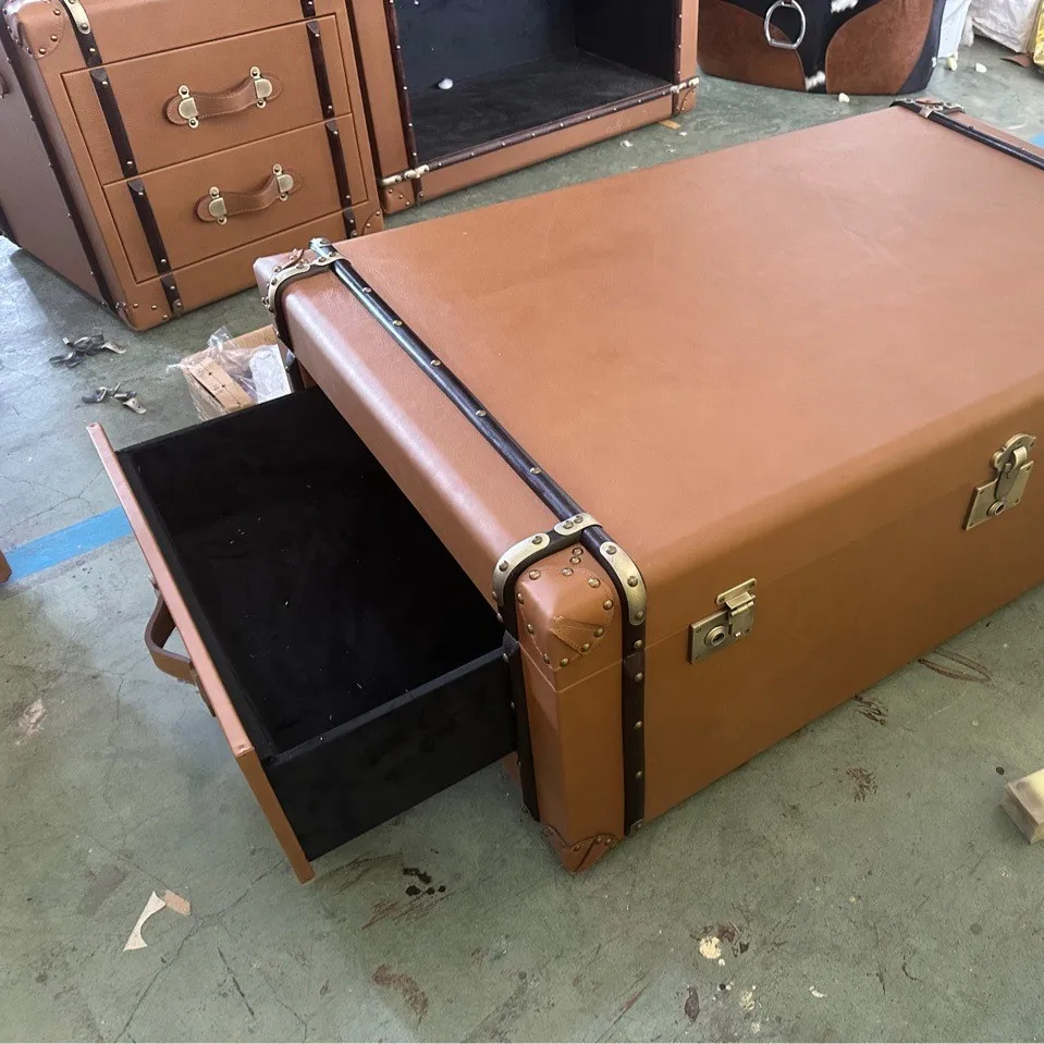 Rural industrial style retro old leather storage box square coffee table