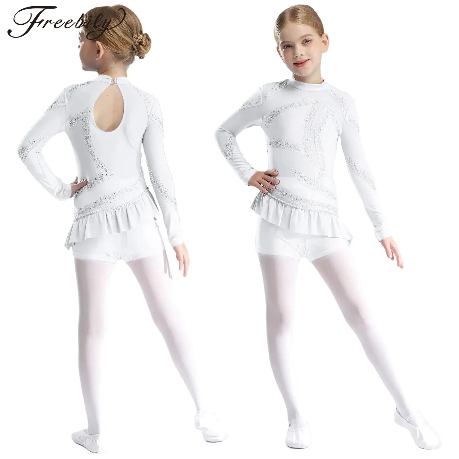 Kids Girls Figure Skating Bodysuit Rhythmic Gymnastics Ballet Dance Acrobatics Leotard Long Sleeve Mesh Rhinestone Jumpsuit