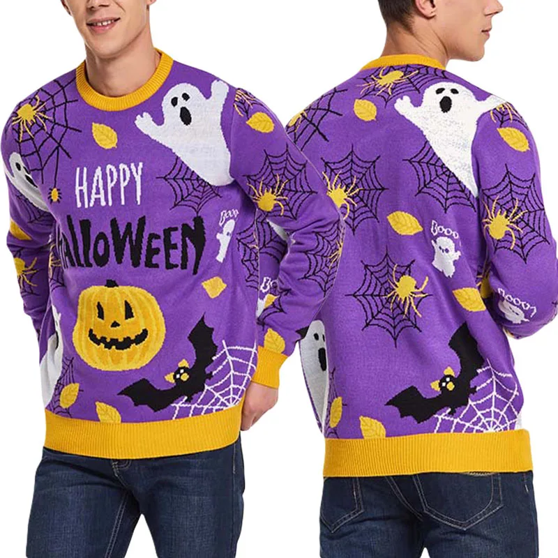 Suéter de punto con estampado de calabaza de Halloween para hombre, jersey de manga larga, jerséis casuales de otoño, Tops, ropa de calle