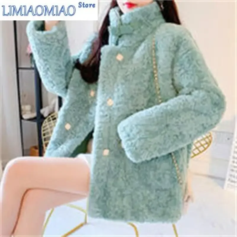 New Thick Imitate Fur Jacket Female Autumn Winter Style Korean Loose Wild Lamb Hair Short Coat Green Button Outwear