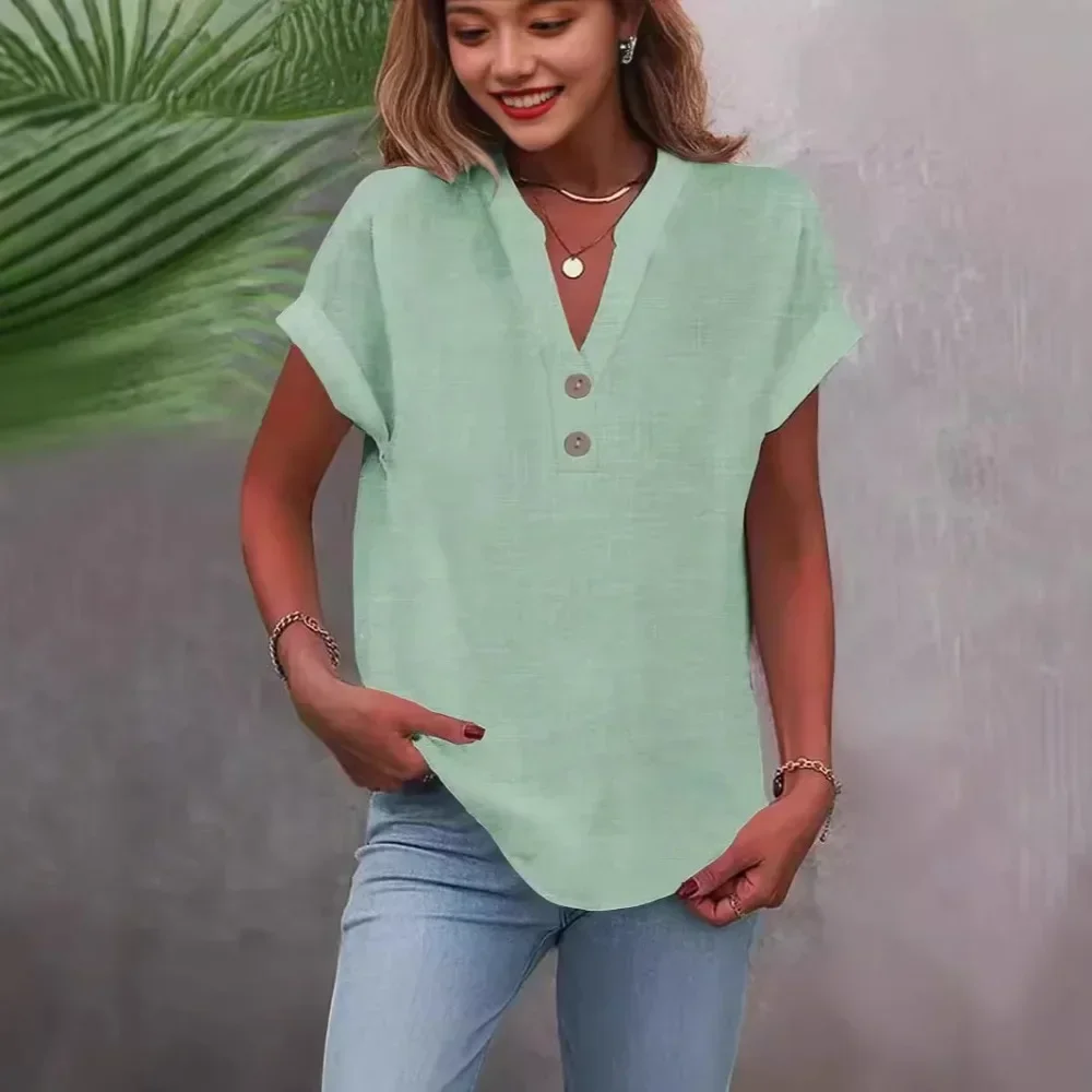Women Summer Solid Color Stand Collar Button Down Short Sleeve Shirt Casual Loose Blouse Office Ladies Top Work