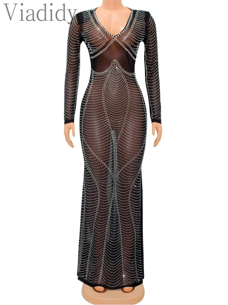 Sexy See Through Sheer Mesh Long Sleeve Hollow Out Rhinestone Decor Floor-length Party Dress