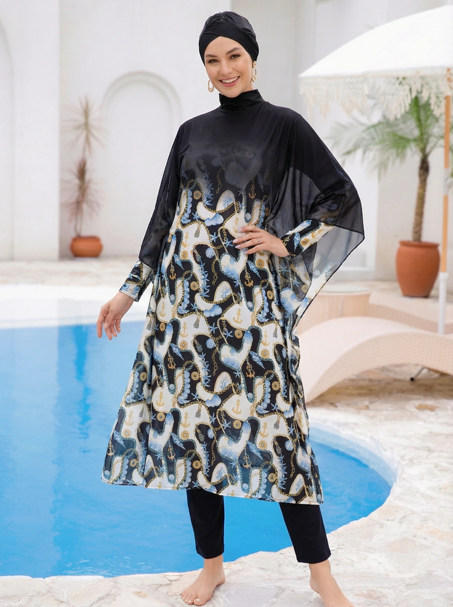 3/4-teiliger Burkini-Badeanzug mit hohem Kragen und langen Ärmeln, vollständig bedeckend, konservativ, figurbetont, Damen-Badeanzug-Set – Detail 9