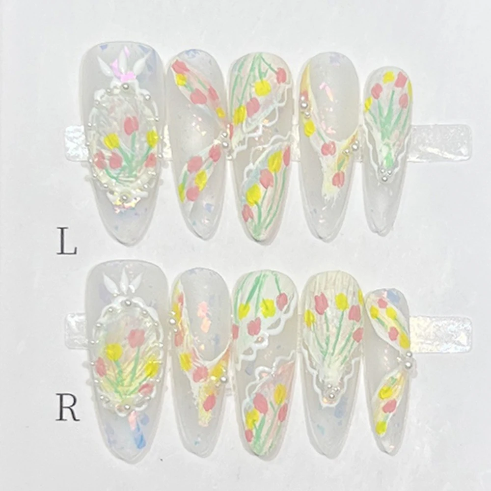 10Pcs Sweet Lovely Cat Eyes Long Stiletto Handmade Press On Nails Light Luxury Glitter Diamond Flowers Wearable False Nails