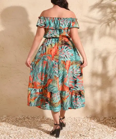 สาวอ้วนฤดูร้อน Tropical Rainforest พิมพ์หนึ่งไหล่พิมพ์ A-Line Dress หญิง Ruffled Seaside Holiday Beach PLUS ขนาดชุด