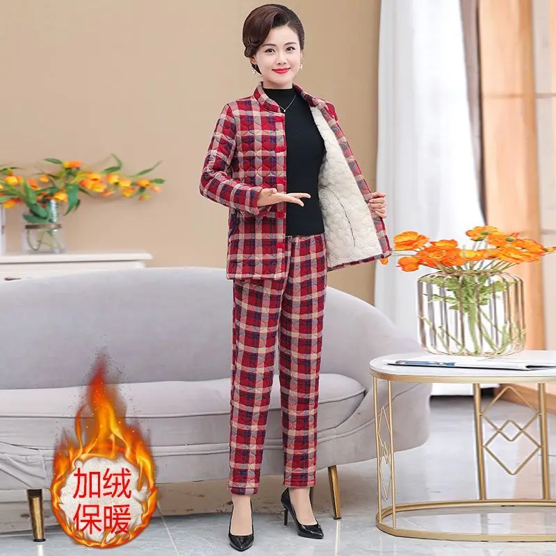 Women Wool Padded Jacket And Cotton Trousers Two-Piece Ethnic Style Thickened Cotton Padded Jacket Mom's Autumn Winter Warm Sets