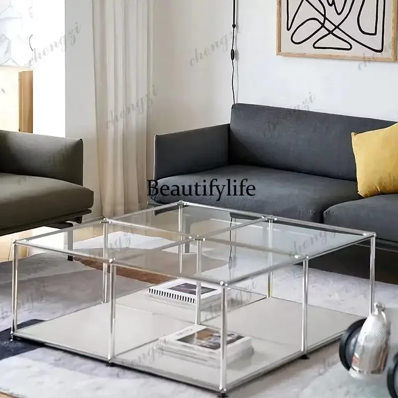 D8000  Stainless steel glass coffee table medieval module combination double-layer coffee table modern simple living room side t