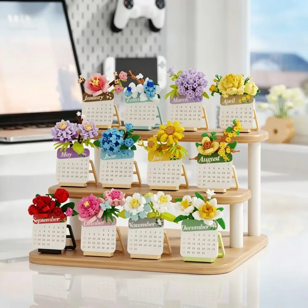 Small Flower Bricks DIY Assembly Building Blocks Creative Calendar Ornament Tabletop Display Office Desktop Decoration Gift