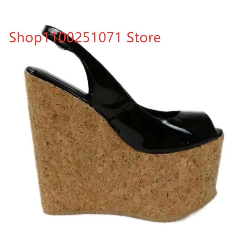 Sepatu SHOFOO sandal hak tinggi wanita modis. Tinggi tumit sekitar 20cm. Sandal hak paten kulit Wedges. Sepatu musim panas.