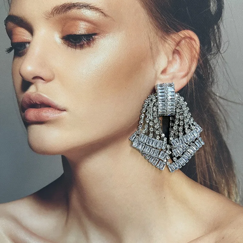 Europe And The United States Light Luxury High Grade Sense Zircon Rhinestone Tassel Earrings Girl Style Dress Dinner Earrings