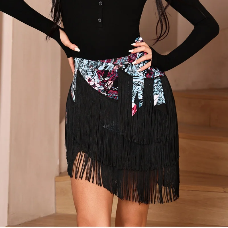2025 dança latina leopardo impressão borla saia samba rumba chacha prática outfit feminino high-end sexy uma peça franja hip cachecol