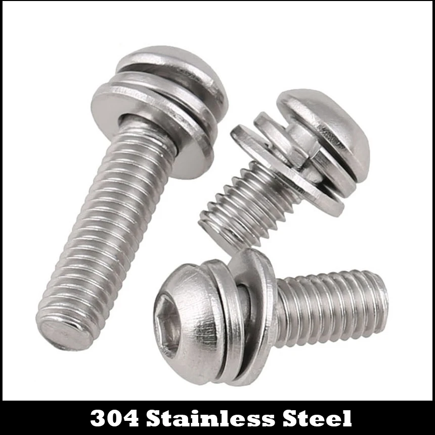 M3 M3*6/8/10/12/20 M3x6/8/10/12/20 304 Stainless Steel Hexagon Socket Round Pan Button Head Spring Plain Washer Assembly Screw