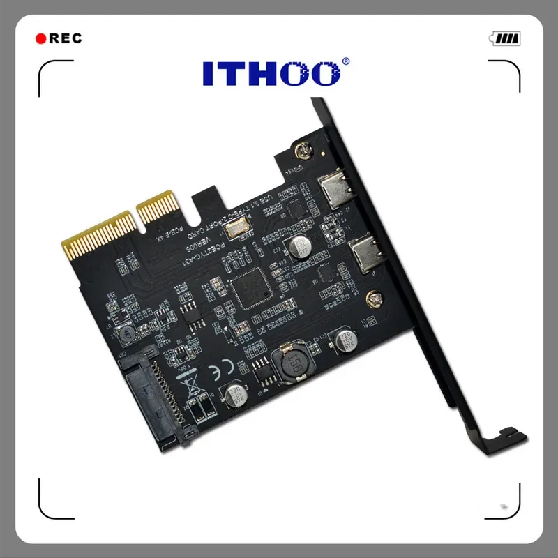 USB 3.2 Gen 2 Expansion Card ASM3142 Dual Type-C Front Rear 10Gbps High Speed Data Transfer Black PCIe Adapter for Desktop PC