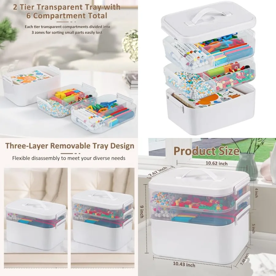 

Трехслойные пластиковые органайзеры и контейнеры для хранения с выдвижными лотками, крышками и ручкой для хранения художественных принадлежностей.