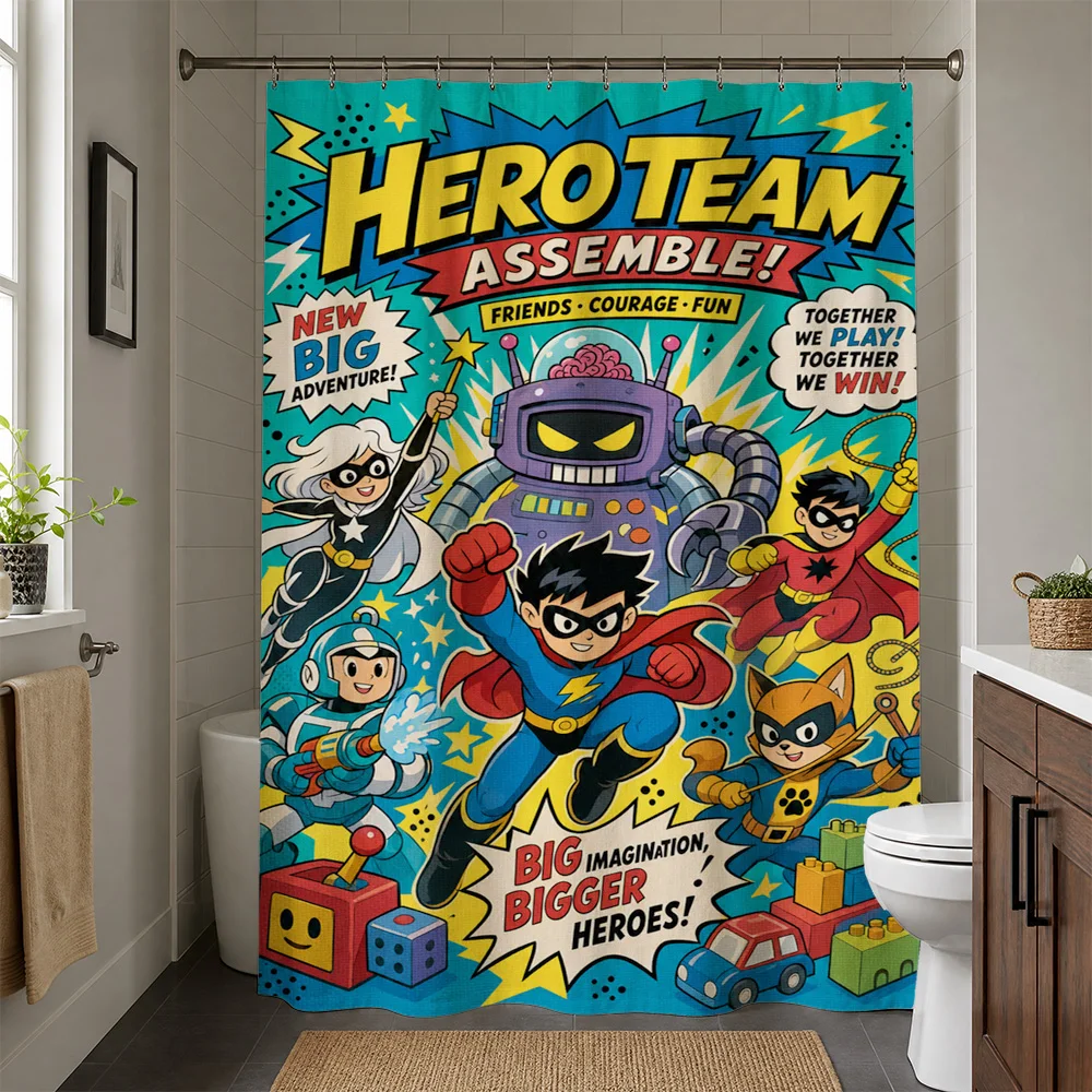 Kids Superhero Shower Curtain Waterproof Bathroom Liner for Boys Comic Book Cartoon Pop Art Theme Decor Shower Wall