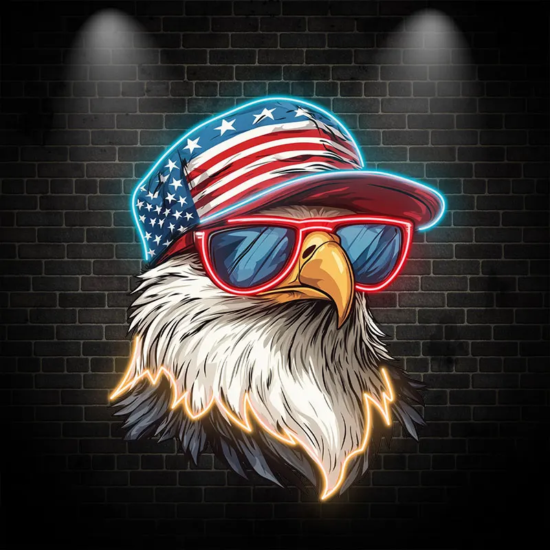 Patriotic Eagle Neon Light, LED Wall Decor with USA Flag Hat & Sunglasses, Perfect for Independence Day, Garage & Man Cave Decor