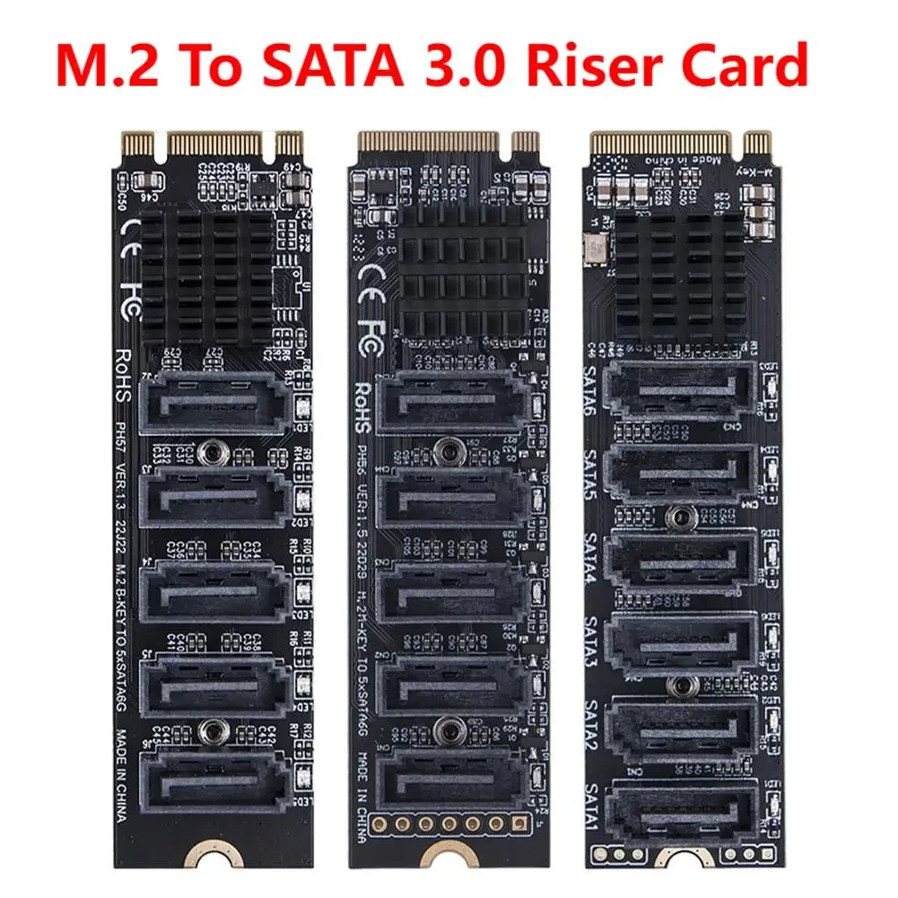 Riser Card M.2 Key JMB585 For NVME Converter M.2 To SATA 3.0 M.2 MKEY PCI-E Expansion Card 5/6 Port SATA III 6G SSD Adapter