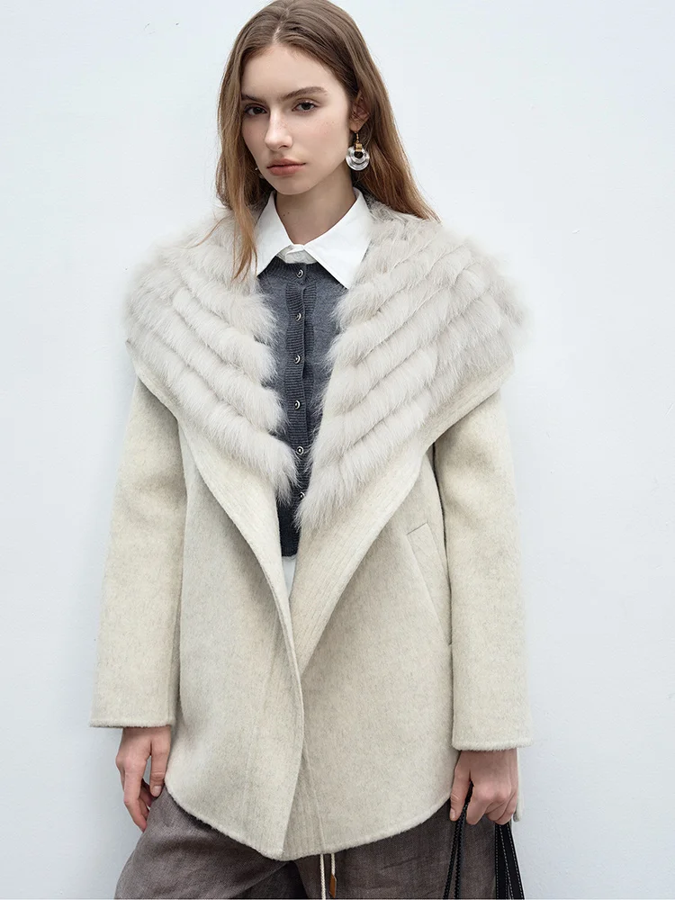 2025 Cappotto invernale in vera pelliccia di volpe da donna Giacca in lana di cashmere con pelliccia naturale femminile Giacca di lusso in lana Capispalla