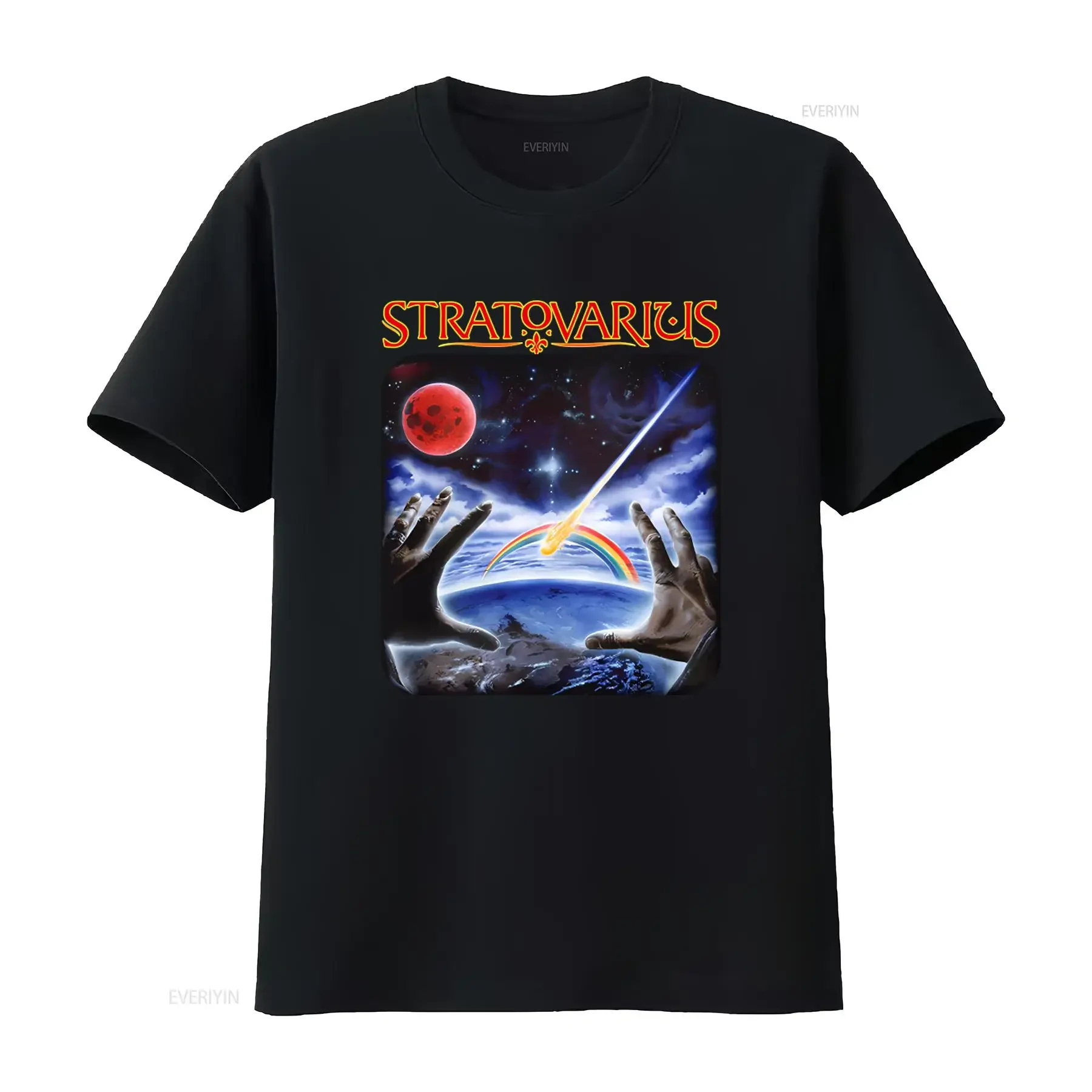 NEW STRATOVARIUS Band  Black All Size T Shirt AC1073 Cosmic Design with Hands Rainbow and Red Moon vintage Washed