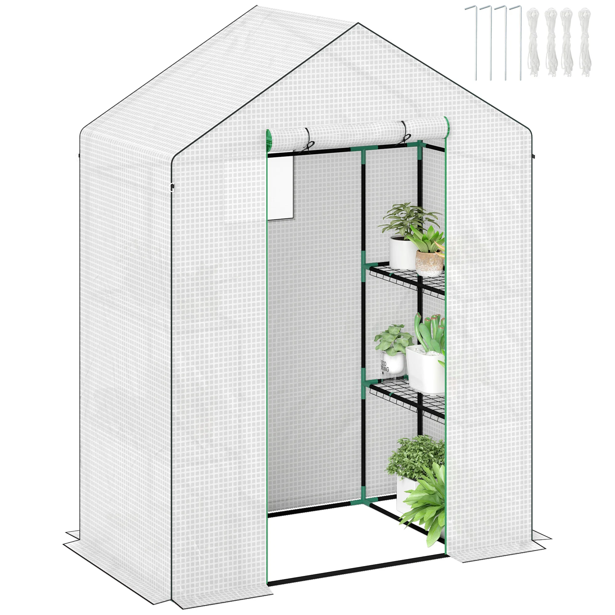 Outsunny PE-tuinkas met 3-laags planken, balkonkas, versterkt zeil, g/m², stalen frame, ritssluiting, voor planten, bloemen, groenten, 143x74x cm, wit