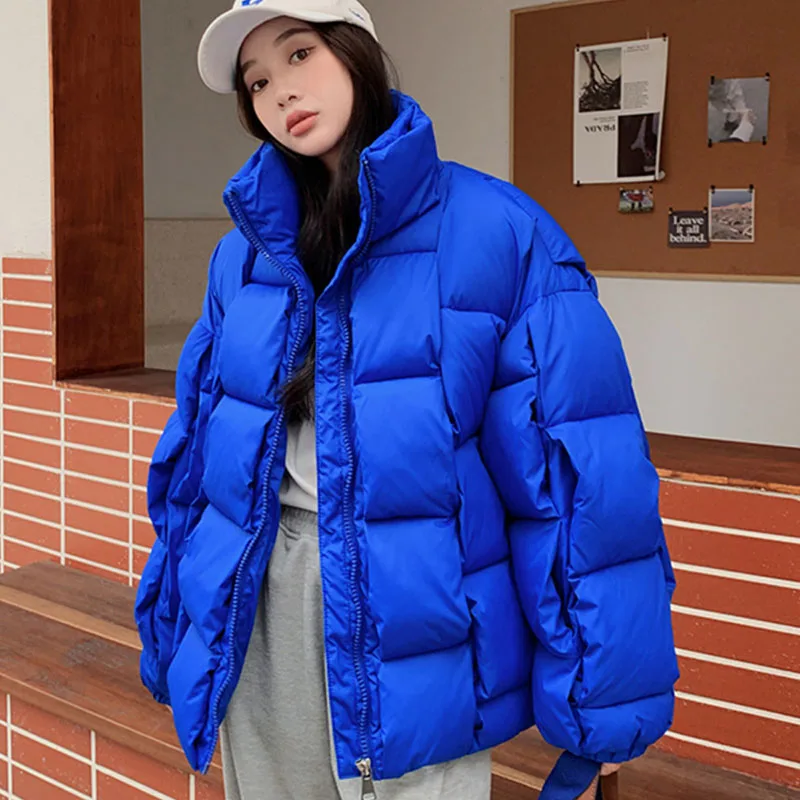 2025Winter Women Puffer Parkas Coat Korean Casual Loose Thicken Warm Down Cotton Jackets Solid Weave Zipper Overcoats female new