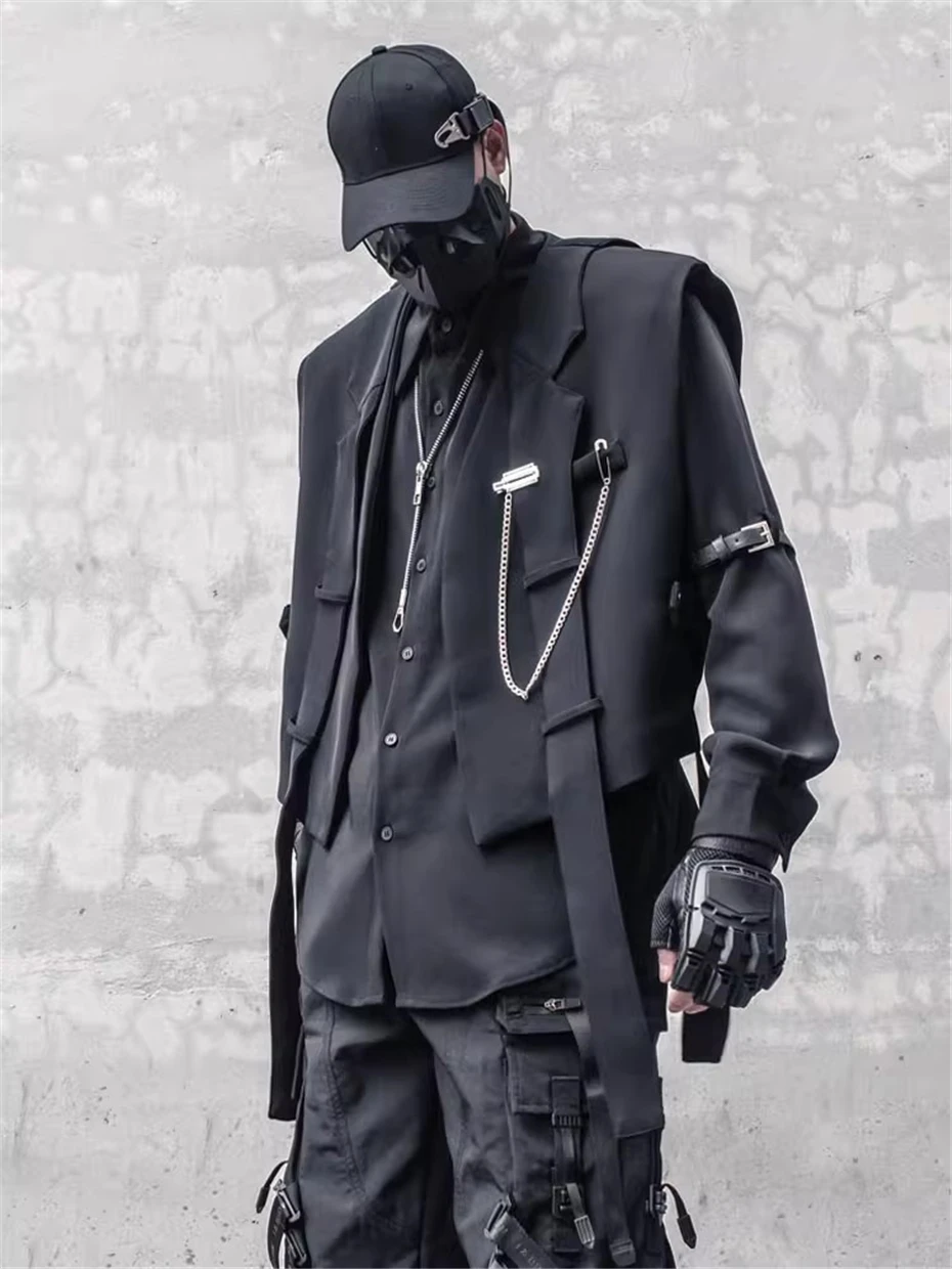 Techwear Suit Vests Men Streetwear Hip Hop Straps Decoration Sleeveless Jackets Oversized Harajuku Function New Casual Waistcoat