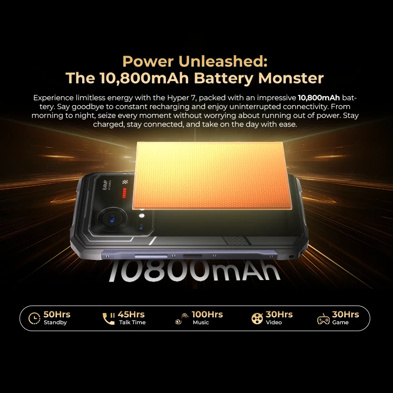 HOTWAV Hyper 7 5G هاتف متين 10800mAh 6.6 ''FHD + 2K عرض الهاتف المحمول 280LM 64MP الهاتف الذكي 8GB 256GB أندرويد 14 الهاتف المحمول