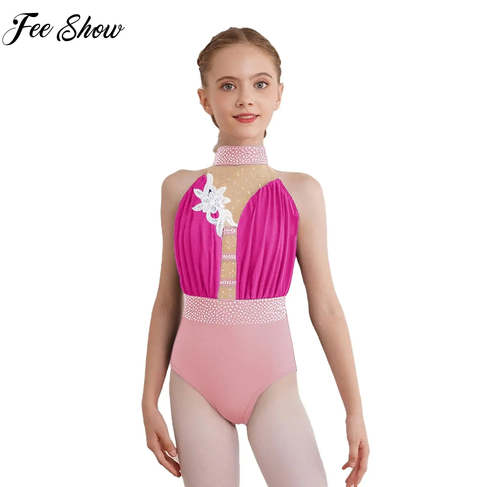 

Applique Rhinestones Ballet Dance Leotard Kids Girls Rhythmic Gymnastics Figure Ice Skating Dance Costumes Sleeveless Leotards