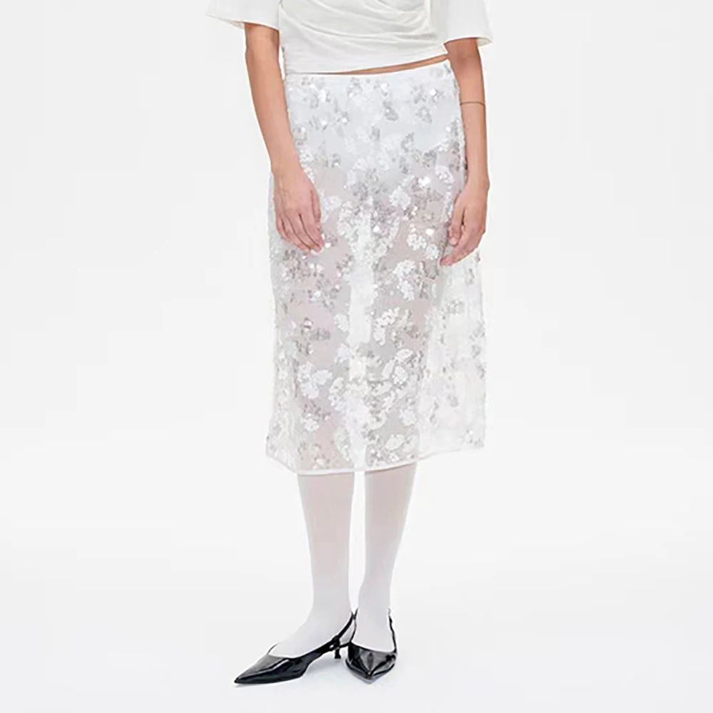 

Elegant High Waist Embroidery Skirt Y2K Sequin Decoration See-through Mesh Straight Commuter Women's Skirt Summer 2025 New