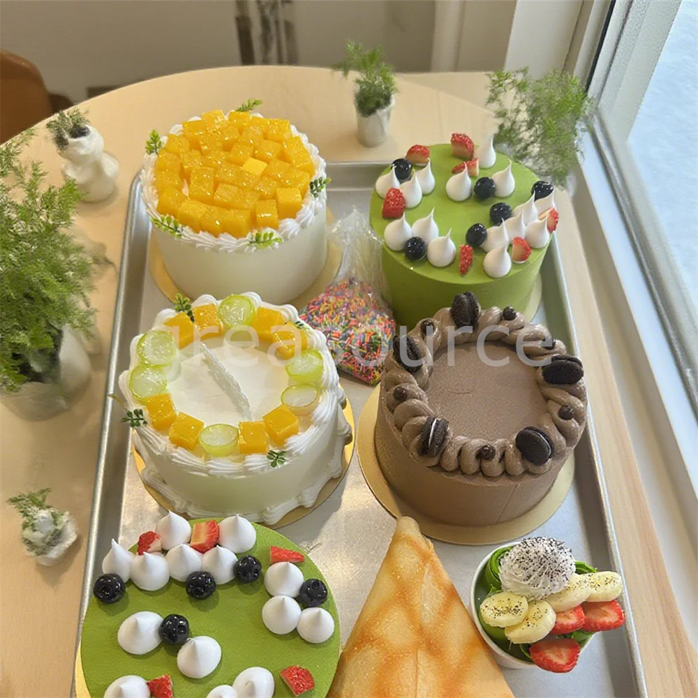 

6 Inch Fruit Cream Cake Simple Elegant Mango Mint Leaf Biscuit Model Prop Display Party ASMR Plastic Bakery Showcase Dessert Toy