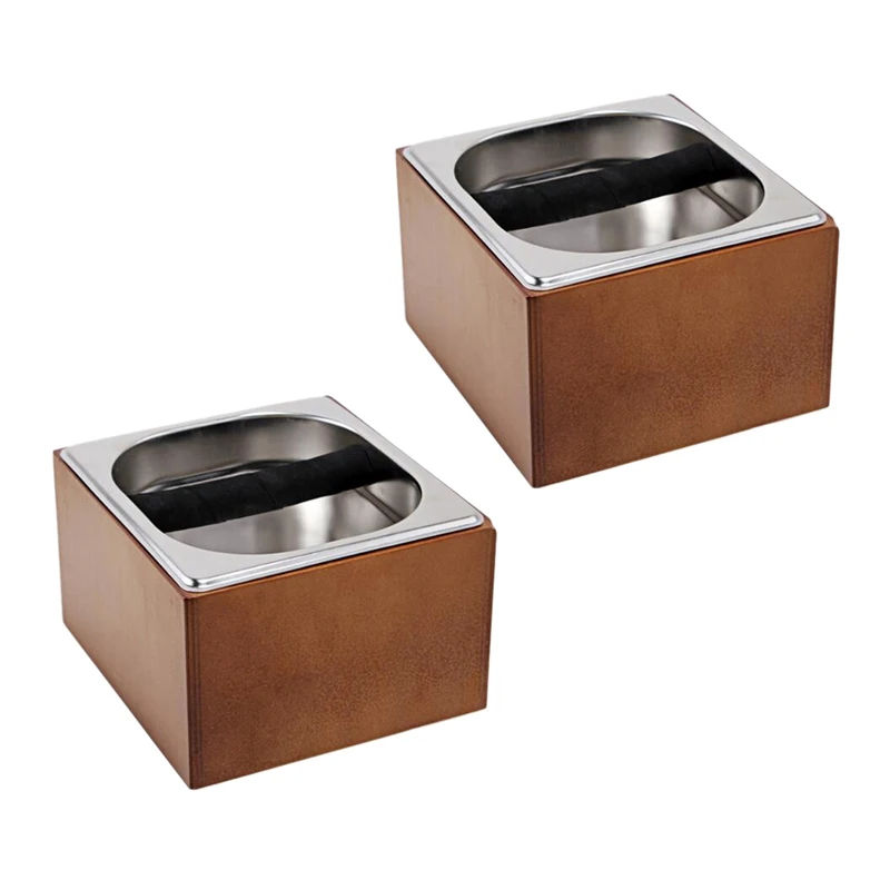 

2X Coffee Knock Box Stainless Steel Wood Coffee Grounds Container Box Barista Coffee Residue Bucket Grind Waste Bin