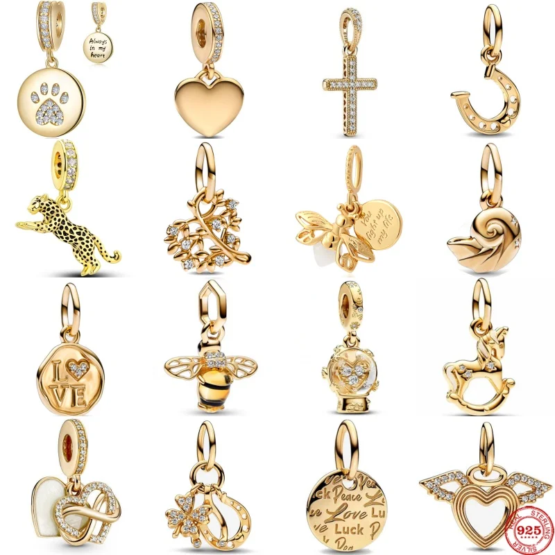 2025 nuevas cuentas chapadas en oro chispeantes compatibles con pulsera de plata 925 Original DIY joyería regalo arco doble corazón colgante dividido