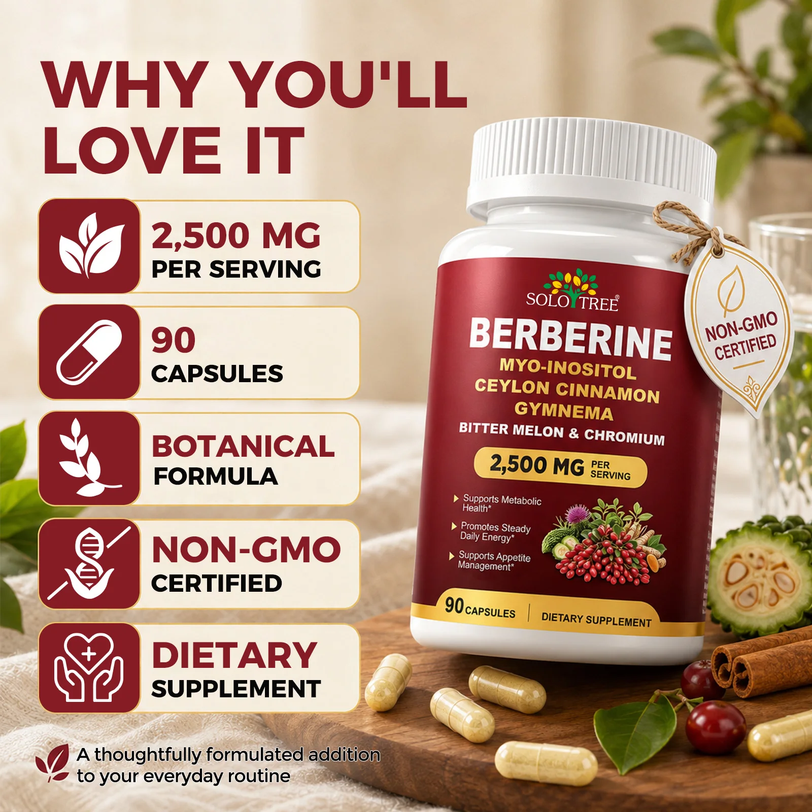 1000mg Berberine Complex Capsules Daily Metabolic Support Supplement for Energy, Appetite Management & Blood Sugar Balance 90 CT