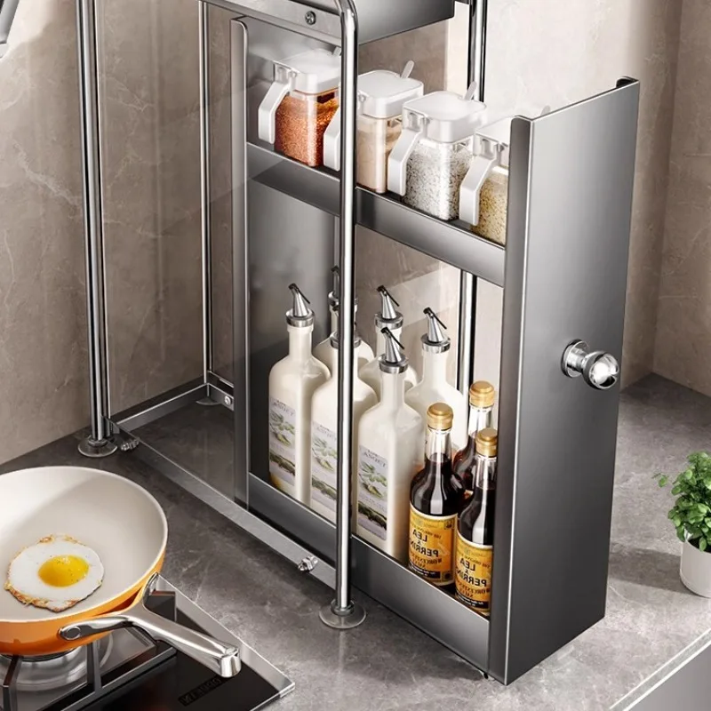 Multi-Layer Pull-Out Kitchen Spice Rack Narrow Countertop Organizer with Smooth Glide Suction Cup Anti-Slip Storage Shelf