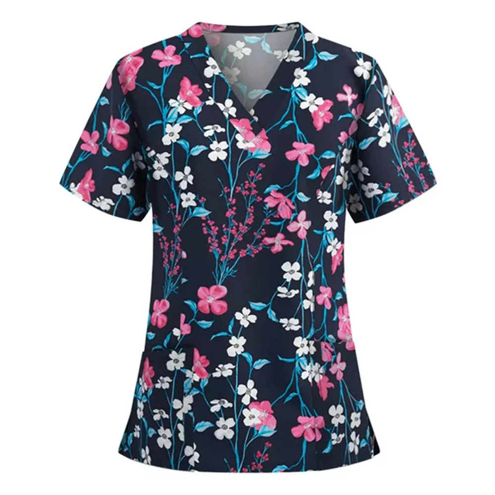 Floral Nursing Scrubs Tops Women Working Uniform Blouse Short Sleeve V-neck Uniform Blusas Nursing Clothes Nurses Tunic Uniform