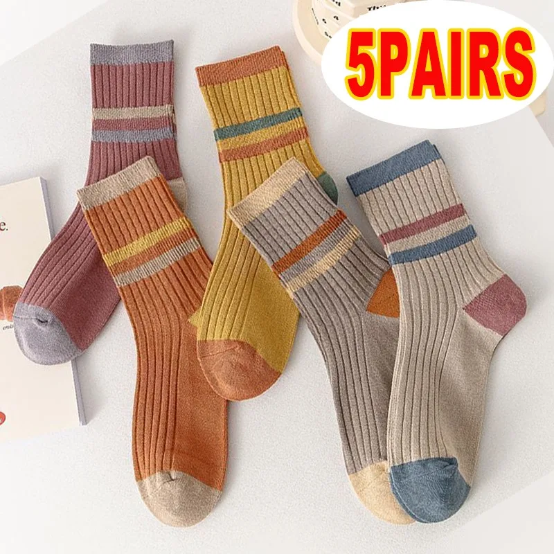 

Soild Color Stripe Socks Women Girls Multicolored Cotton Ins Tide Middle Tube Warm Socks Female Vintage Autumn Winter Sox Sock