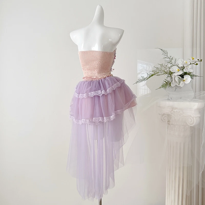 Cute Two-piece Mesh 3D Embroidered Lace Strapless Tops Multi-layer Skirts Sets 2026 Summer Irregular Skirt Suits Pink, Purple