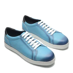 Luxury Designer Natural Leather Men's Skateboard Shoes Blue Lace Up Man Sneakers Daliy Casual Office Social Elegant Men Footwear