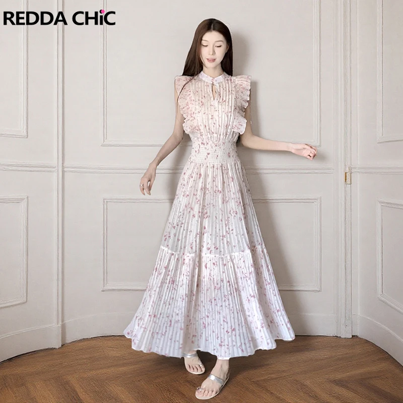 

REDDACHiC струящееся шифоновое платье с цветочным принтом для женщин Cottagecore с рукавами-крылышками и эластичной резинкой на талии, цельная элегантная сказочная летняя одежда