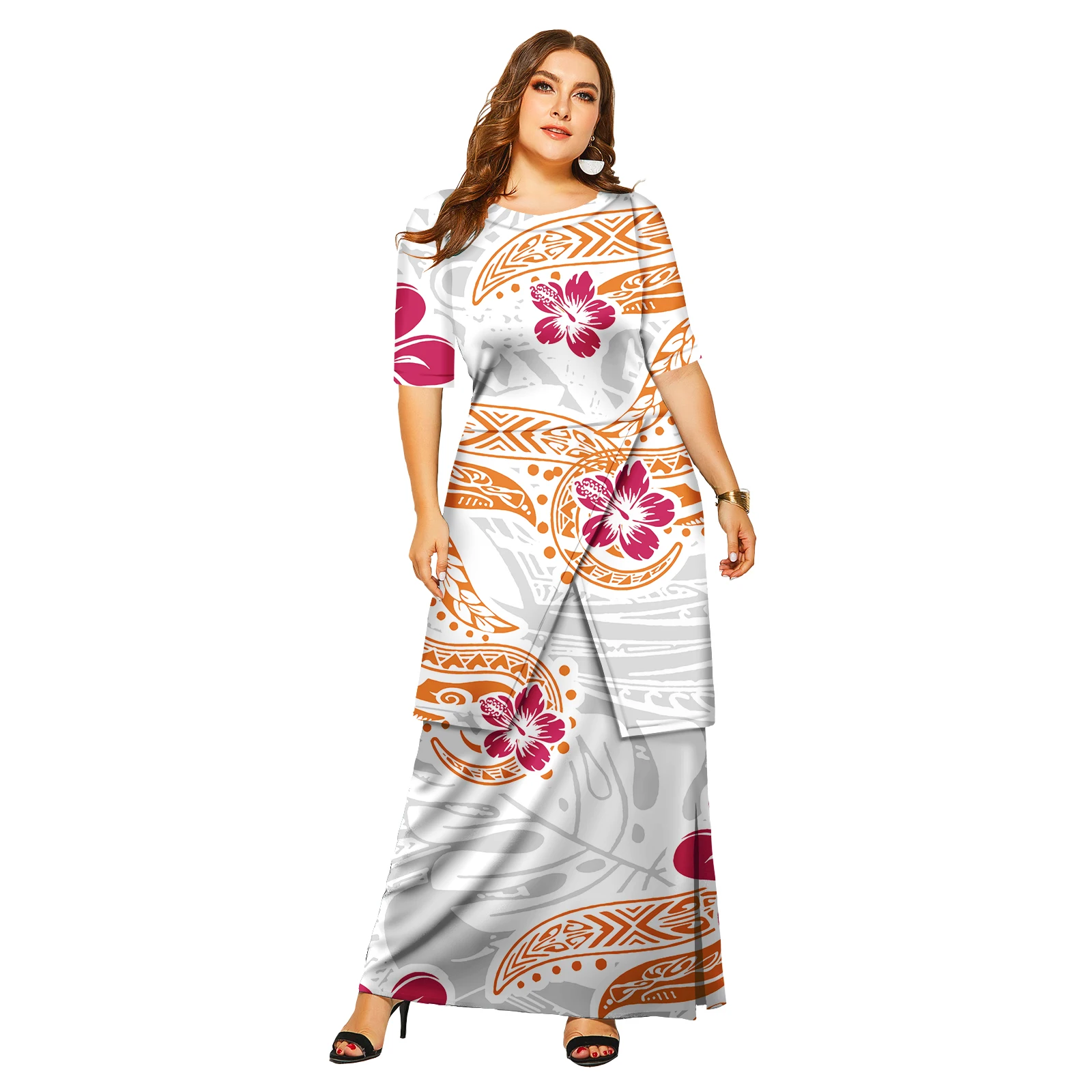 Women's Dress Design Hawaiian Tropical Style Short Sleeve Puletasi Samoan Dress 2 Piece Set Island Dress
