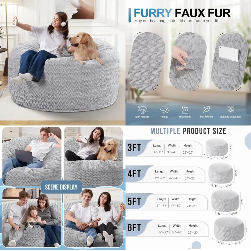 

Memory Foam Filled Adult Bean Bag Chair, Large Plush Chevron Cover - Light Grey