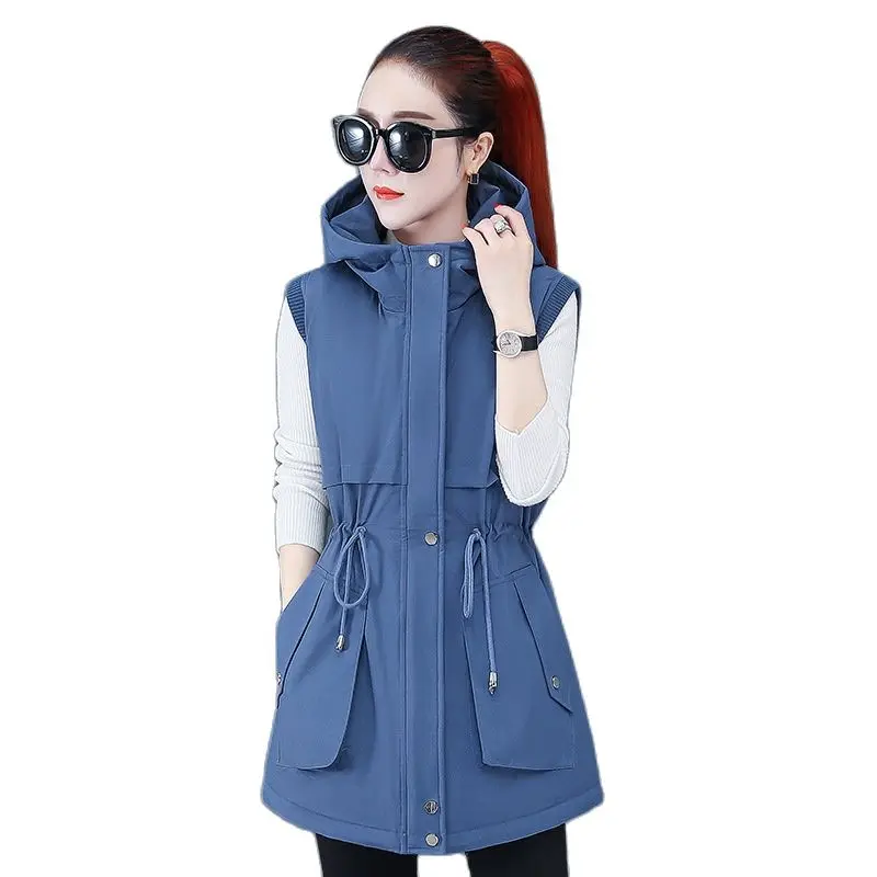 

Autumn Winter Women's Belt Long Down Cotton Vest Fashion Solid Hooded Female Waistcoat Coat 4XL 5 Colors