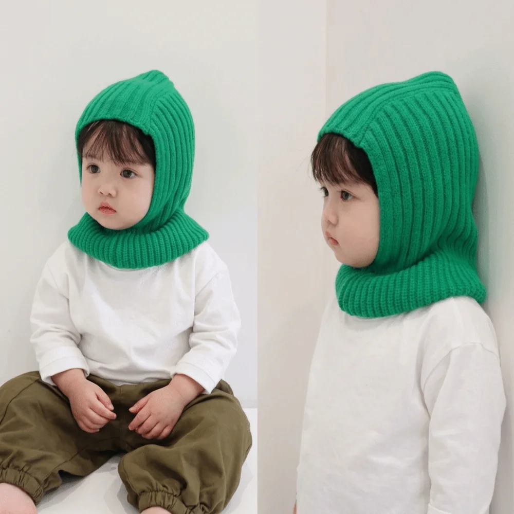 Cute Solid Color Scarf Integrated Hat Plush Wool Children Hooded Hat Windproof Knitted Kids Balaclava Hat Skiing